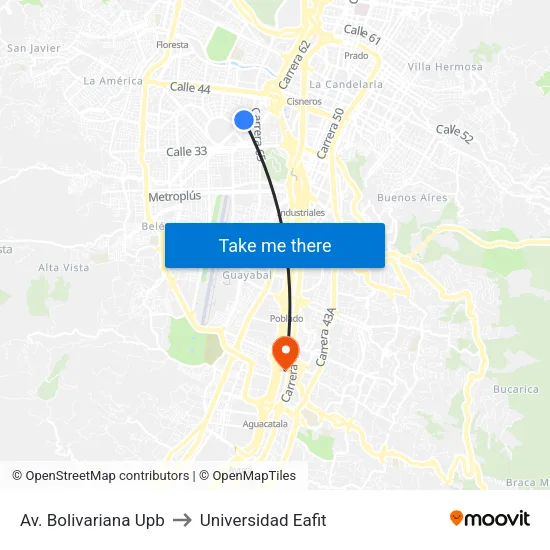 Br. San Joaquín (Av. Bolivariana - Cir 4, Medellín) to Universidad Eafit map