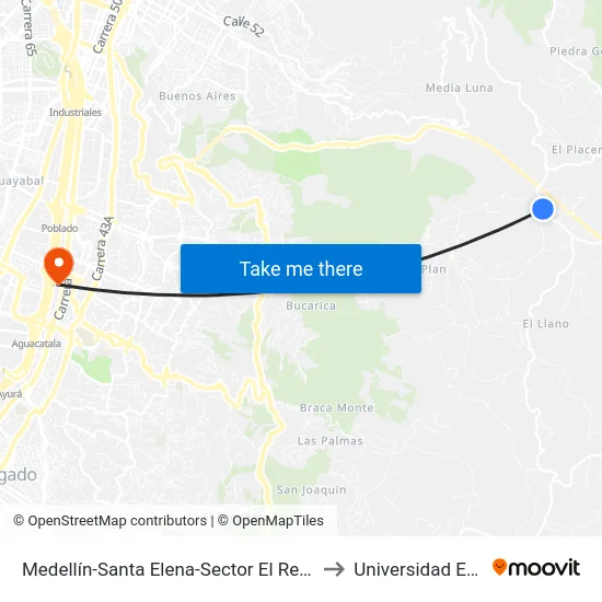 Medellín-Santa Elena-Sector El Recreo to Universidad Eafit map