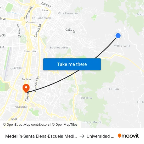 Medellín-Santa Elena-Escuela Media Luna to Universidad Eafit map