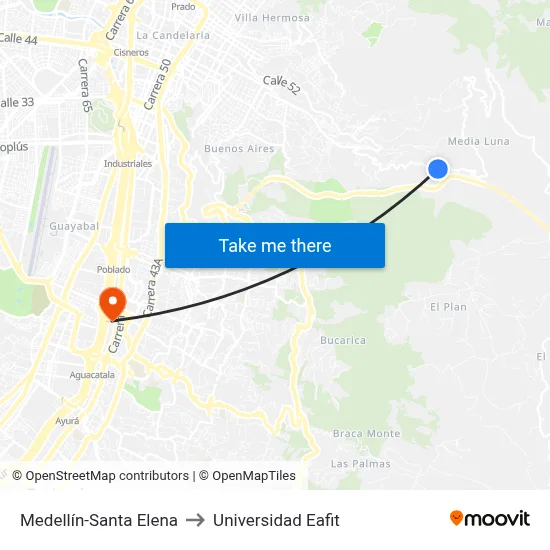 Medellín-Santa Elena to Universidad Eafit map