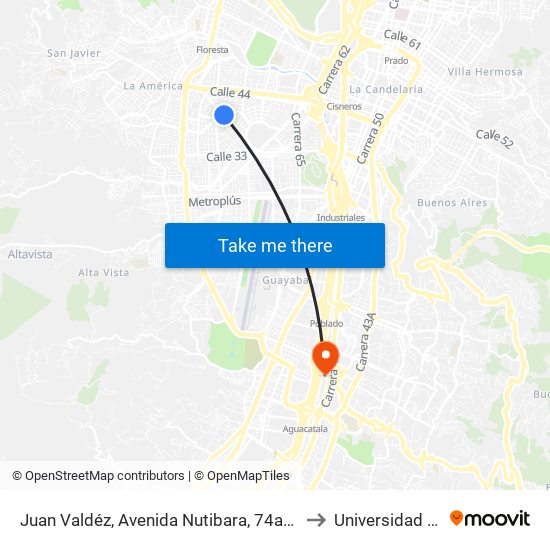 Juan Valdéz, Avenida Nutibara, 74a2-74a44 to Universidad Eafit map