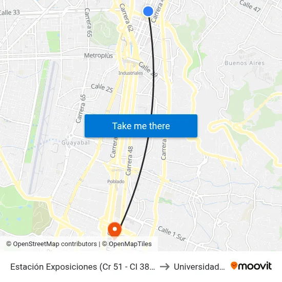 Estación Exposiciones (Cr 51 - Cl 38, Medellín) to Universidad Eafit map