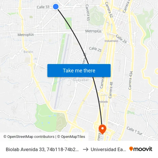 Biolab Avenida 33, 74b118-74b220 to Universidad Eafit map