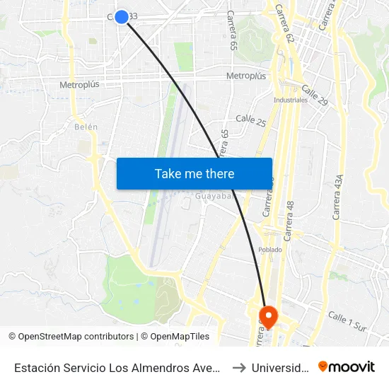 Av. 33 Con Cra. 65 Oriente - Occidente to Universidad Eafit map
