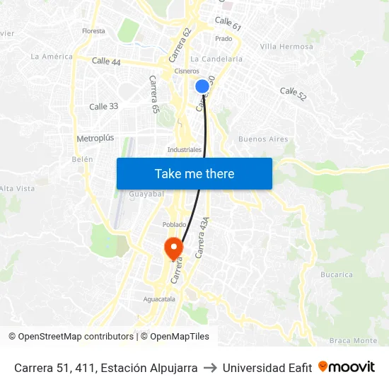 Carrera 51, 411, Estación Alpujarra to Universidad Eafit map