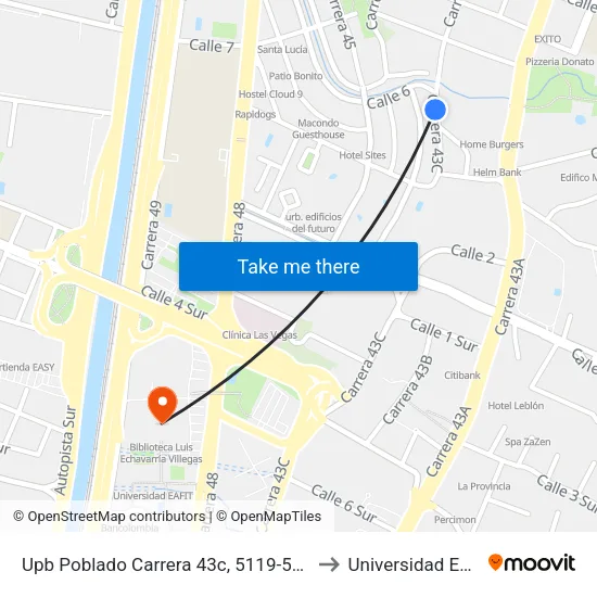 Upb Poblado Carrera 43c, 5119-5197 to Universidad Eafit map