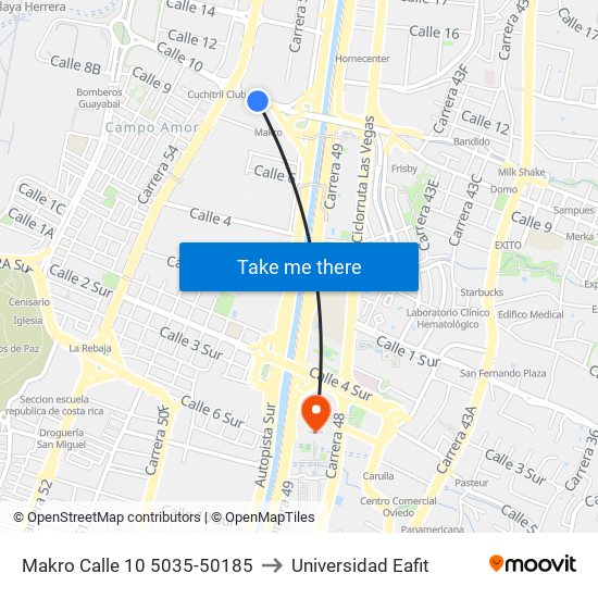 Makro Calle 10  5035-50185 to Universidad Eafit map