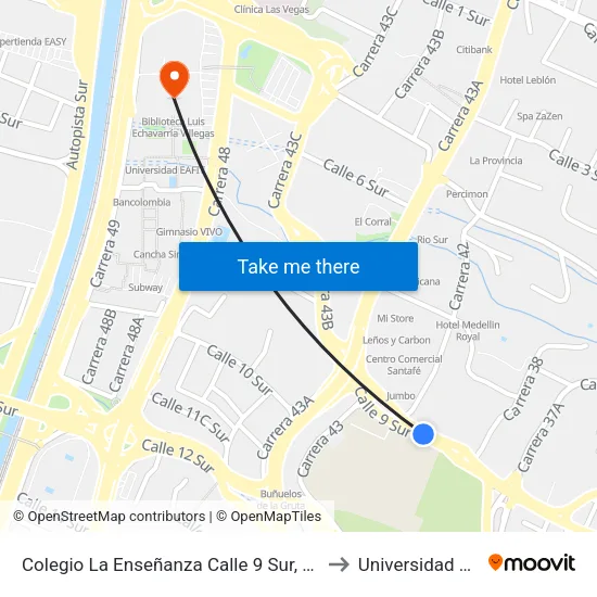 Colegio La Enseñanza Calle 9 Sur, 37-345 to Universidad Eafit map