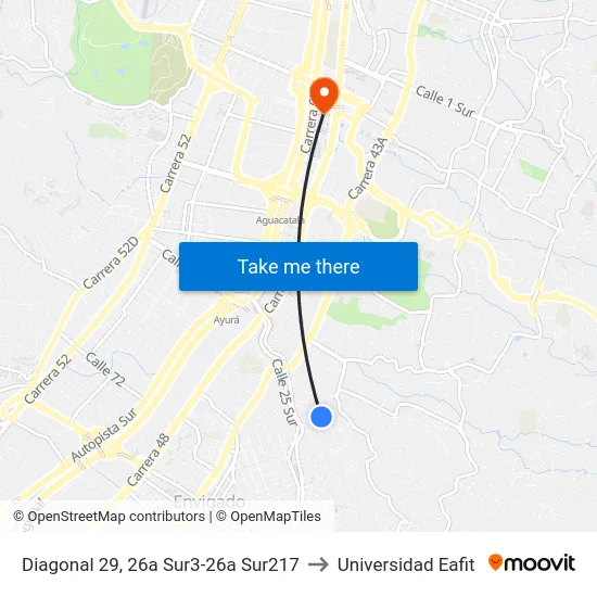 Diagonal 29, 26a Sur3-26a Sur217 to Universidad Eafit map
