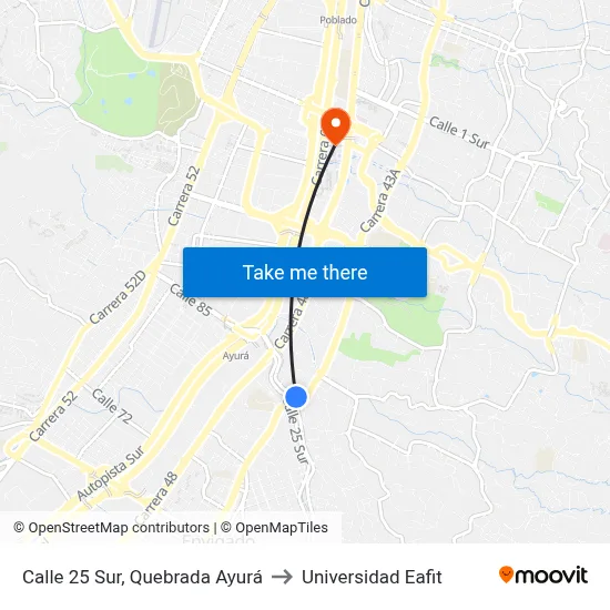 Calle 25 Sur, Quebrada Ayurá to Universidad Eafit map
