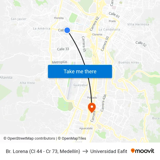 Br. Lorena (Cl 44 - Cr 73, Medellín) to Universidad Eafit map