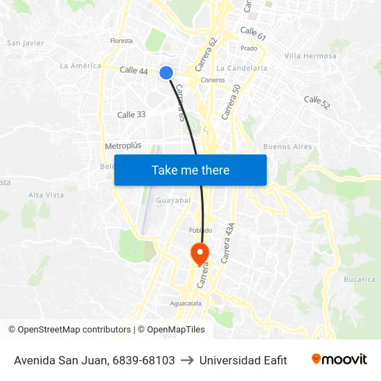 Cll. San Juan Con Cra. 68a Occidente - Oriente to Universidad Eafit map