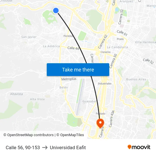 Calle 56, 90-153 to Universidad Eafit map