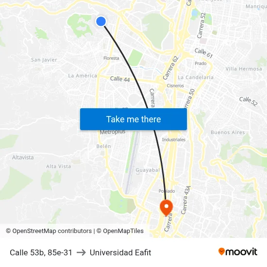 Calle 53b, 85e-31 to Universidad Eafit map