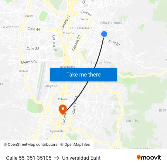 Calle 55, 351-35105 to Universidad Eafit map