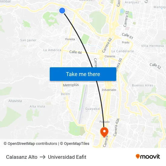 Calasanz Alto to Universidad Eafit map