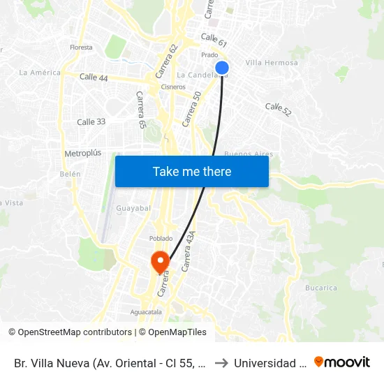 Br. Villa Nueva (Av. Oriental - Cl 55, Medellín) to Universidad Eafit map
