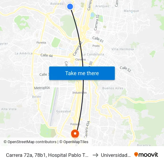 Carrera 72a, 78b1, Hospital Pablo Tobón Uribe to Universidad Eafit map