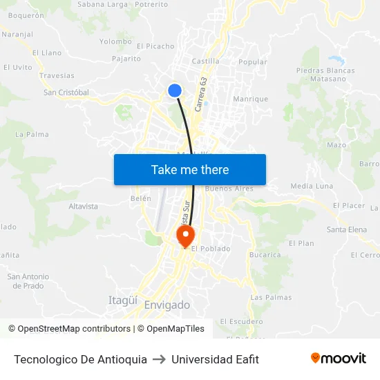 Tecnologico De Antioquia to Universidad Eafit map