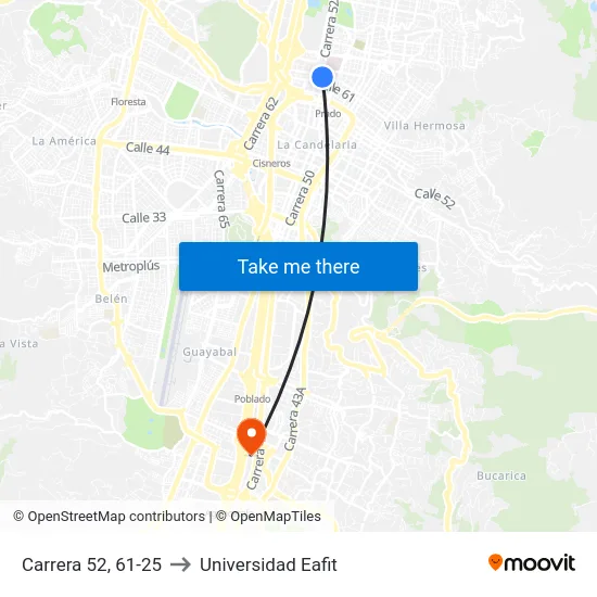 Carrera 52, 61-25 to Universidad Eafit map