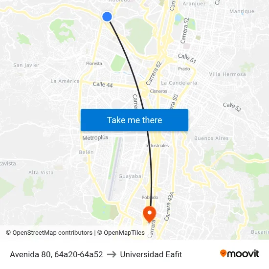 Avenida 80, 64a20-64a52 to Universidad Eafit map