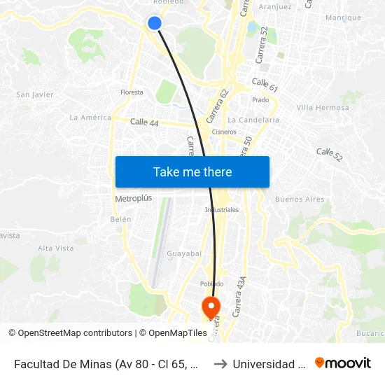 Facultad De Minas (Av 80 - Cl 65, Medellín) to Universidad Eafit map