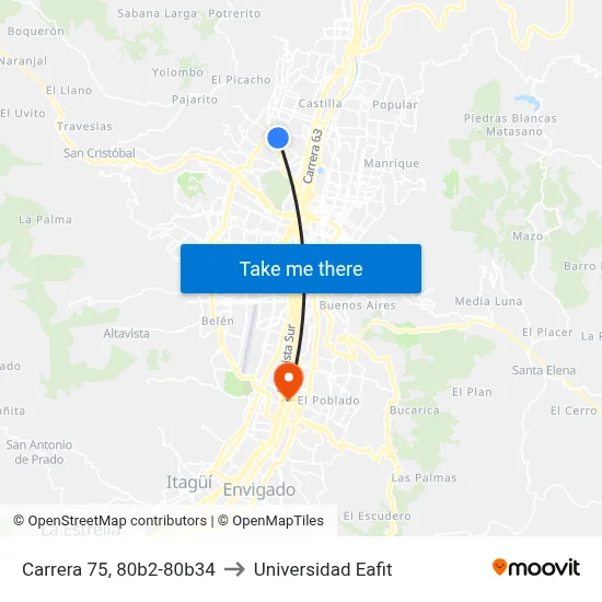 Carrera 75, 80b2-80b34 to Universidad Eafit map