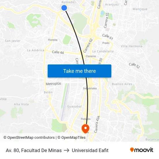 Av. 80, Facultad De Minas to Universidad Eafit map