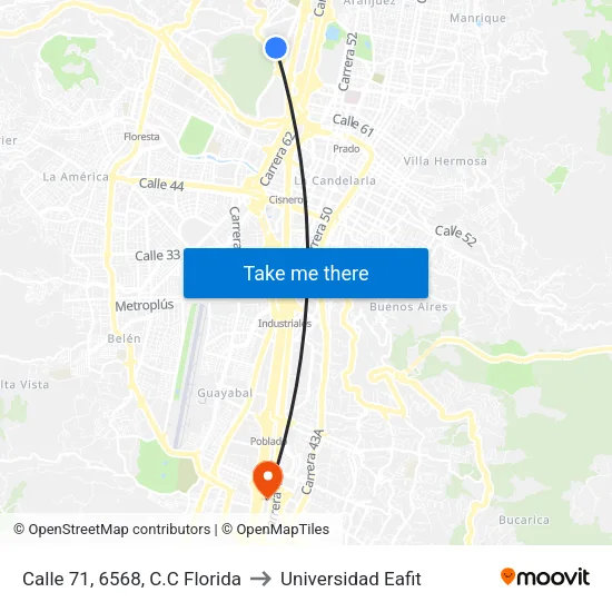 Calle 71, 6568, C.C Florida to Universidad Eafit map