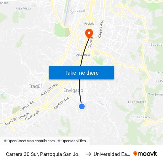 Carrera 30 Sur, Parroquia San José to Universidad Eafit map