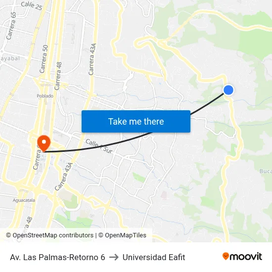 Av. Las Palmas-Retorno 6 to Universidad Eafit map