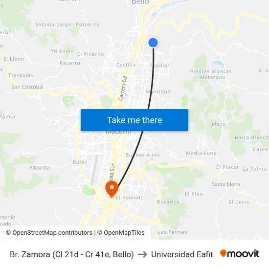 Br. Zamora (Cl 21d - Cr 41e, Bello) to Universidad Eafit map