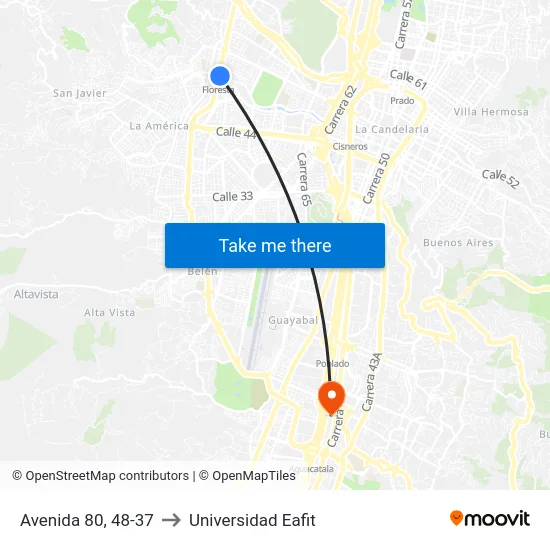 Estación Floresta Av. 80 to Universidad Eafit map