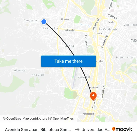 Avenida San Juan, Biblioteca San Javier to Universidad Eafit map