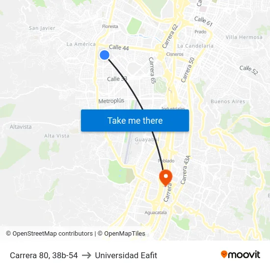 Carrera 80, 38b-54 to Universidad Eafit map