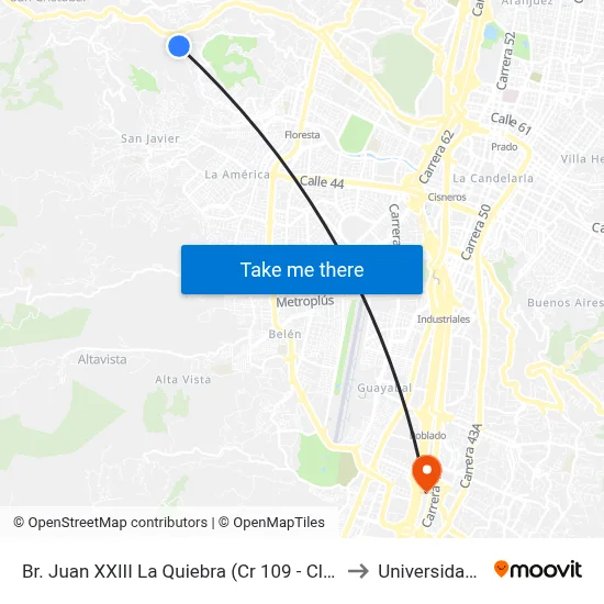 Br. Juan XXIII La Quiebra (Cr 109 - Cl 55, Medellín) to Universidad Eafit map