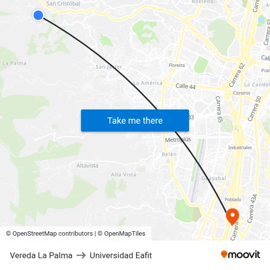 Vereda La Palma to Universidad Eafit map