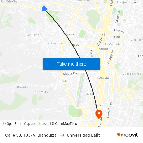 Calle 58, 10379, Blanquizal to Universidad Eafit map
