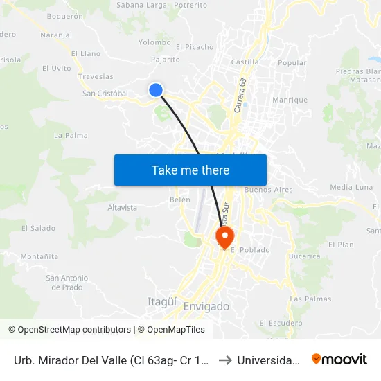 Urb. Mirador Del Valle (Cl 63ag- Cr 100, Medellin) to Universidad Eafit map