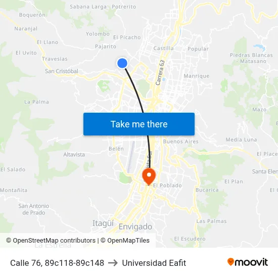 Calle 76, 89c118-89c148 to Universidad Eafit map