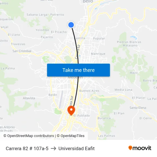 Carrera 82 # 107a-5 to Universidad Eafit map