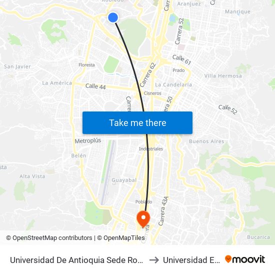 Universidad De Antioquia Sede Robledo to Universidad Eafit map