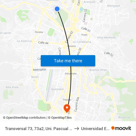 Transversal 73, 73a2, Uni. Pascual Bravo to Universidad Eafit map