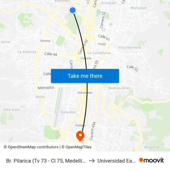 Br. Pilarica (Tv 73 - Cl 75, Medellín) to Universidad Eafit map