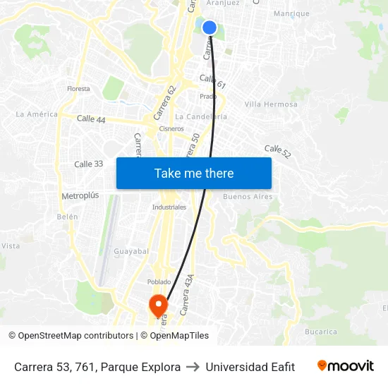 Carrera 53, 761, Parque Explora to Universidad Eafit map