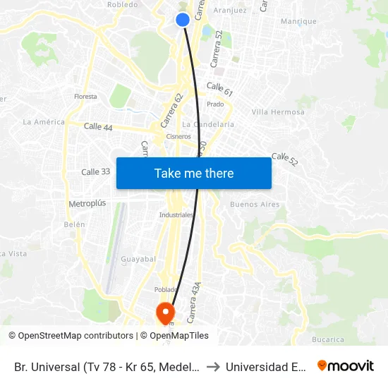 Br. Universal (Tv 78 - Kr 65, Medellín) to Universidad Eafit map