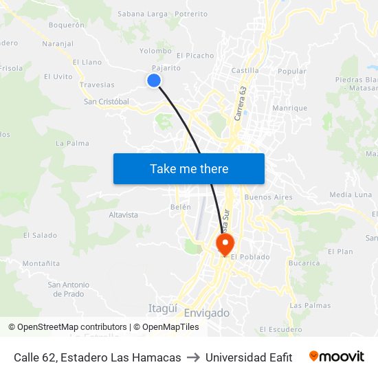 Calle 62, Estadero Las Hamacas to Universidad Eafit map