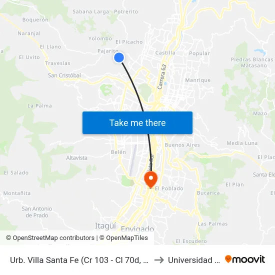 Urb. Villa Santa Fe (Cr 103 - Cl 70d, Medellín) to Universidad Eafit map