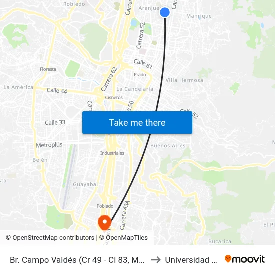 Br. Campo Valdés (Cr 49 - Cl 83, Medellín) to Universidad Eafit map