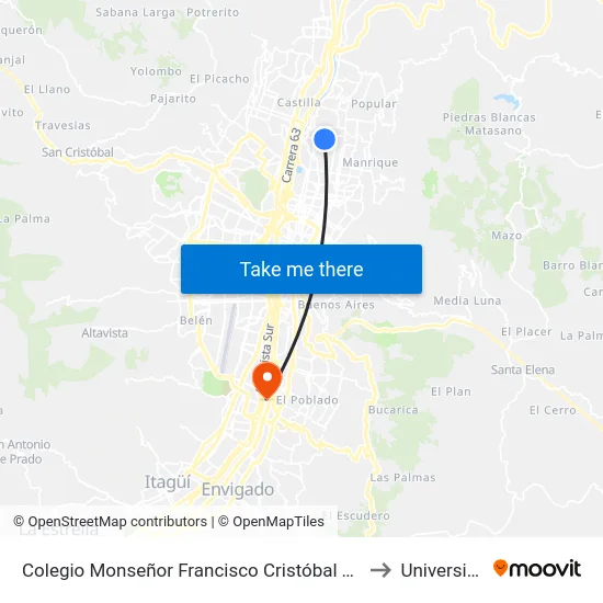 Colegio Monseñor Francisco Cristóbal Toro (Cl 90 - Cr 50c, Medellín) to Universidad Eafit map